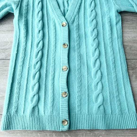 Talbots Light Blue Wool Blend Stretchy Cable Knit Cardigan - Picture 7 of 14